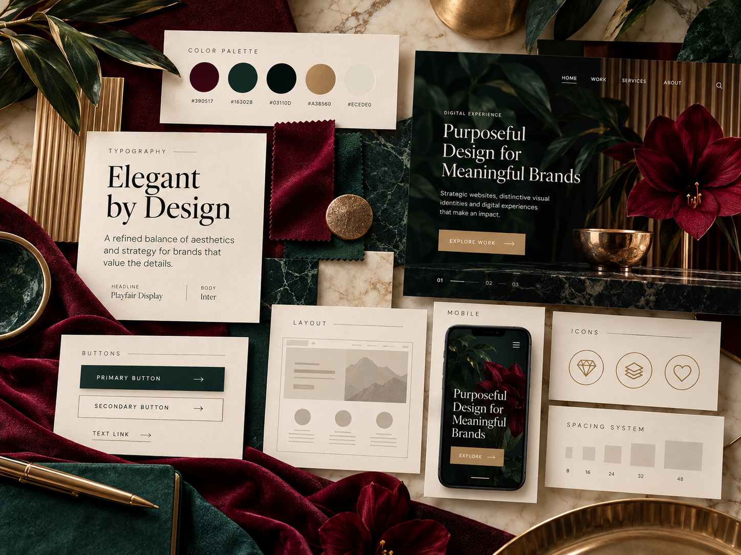 webdesign branding moodboard in grün und burgunder
